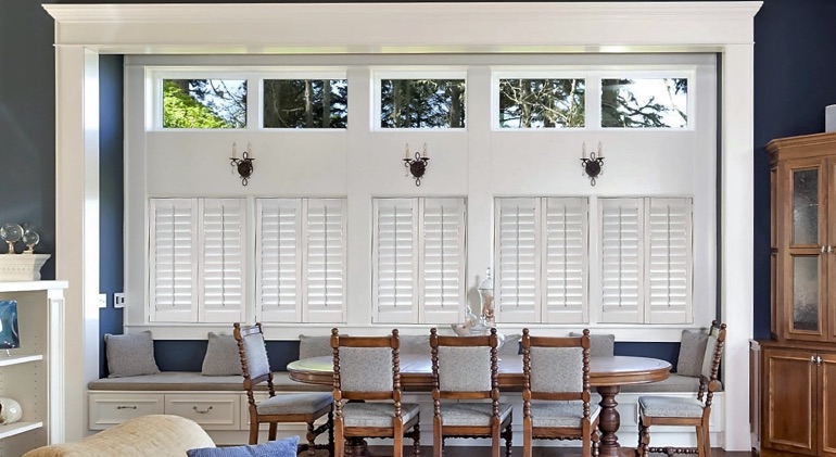 Salt Lake City dining room with white plantation shutters.